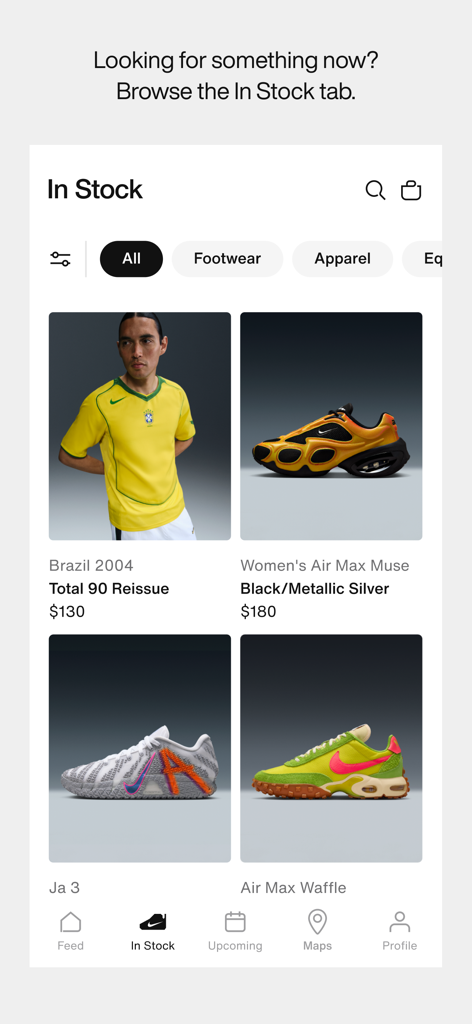 Interface de l'application Nike SNKRS montrant des chaussures et des vêtements disponibles dans l'onglet "En stock"