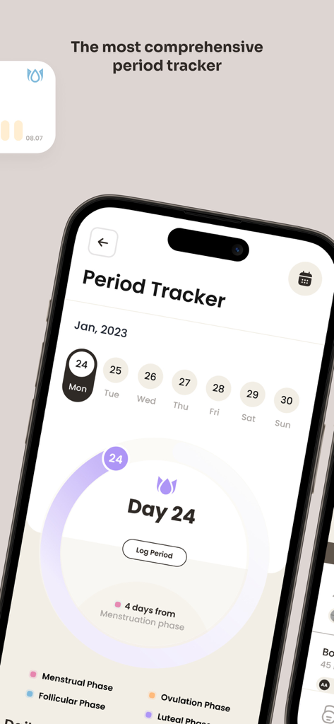 Grounds: Fitness App For Women - Interface of the period tracker feature in the Grounds fitness app showing cycle phases