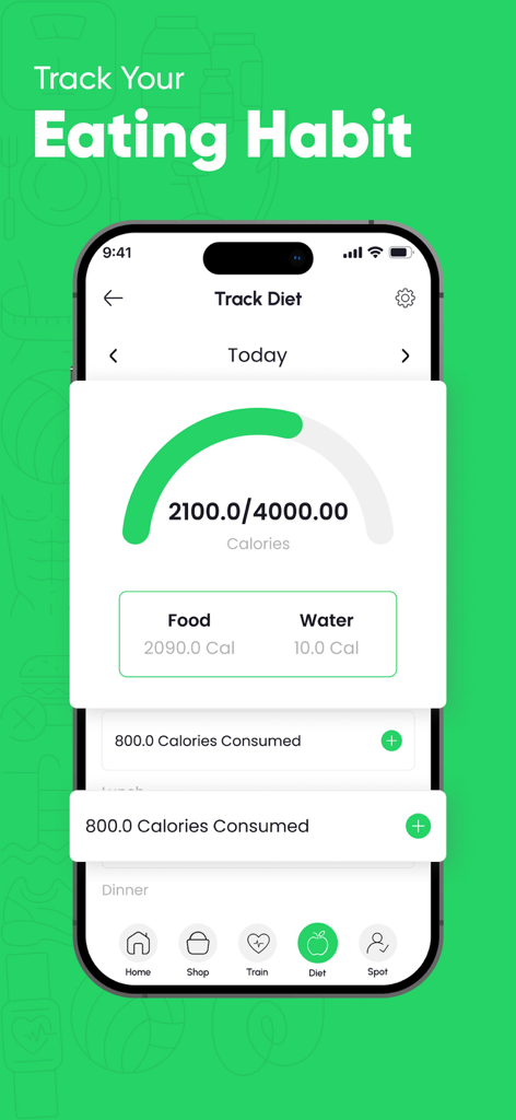 Fitsomnia: AI Fitness App - Fitsomnia Mobile App-Oberfläche, die einen Kalorienzähler und ein Dashboard zur Diätverfolgung anzeigt