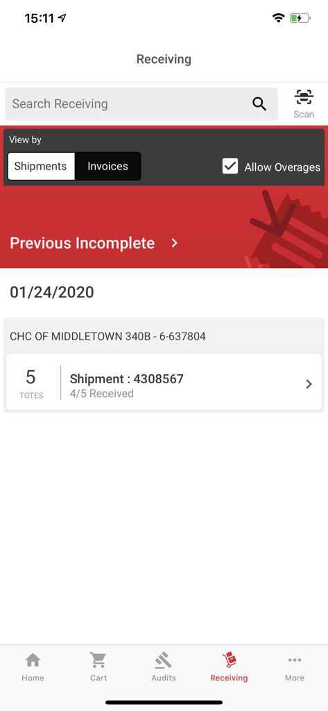 Order Express app receiving dashboard showing pharmacy shipment tracking and tote verification