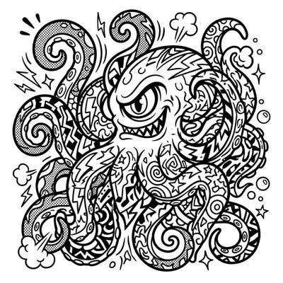 Dive into a thrilling coloring experience with our Tentacled Terrors Pop Art design. This page features a fierce, multi-tentacled monster bursting with bold comic outlines and dynamic halftone patterns, ready for your creative touch.