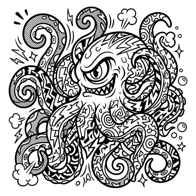 Dive into a thrilling coloring experience with our Tentacled Terrors Pop Art design. This page features a fierce, multi-tentacled monster bursting with bold comic outlines and dynamic halftone patterns, ready for your creative touch.