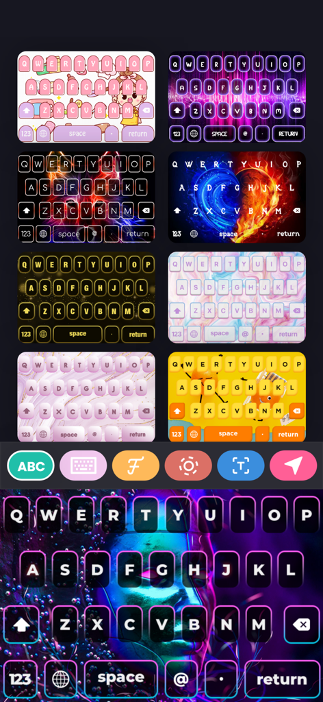 Fonts & Emoji Keyboard. - Una cuadrícula que muestra varios temas de teclado personalizados elegantes y estéticos, incluyendo diseños de mármol de neón y de dibujos animados