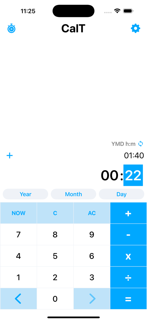 Interfaccia dell'app CalT con una tastiera specializzata per il calcolo di date e ore