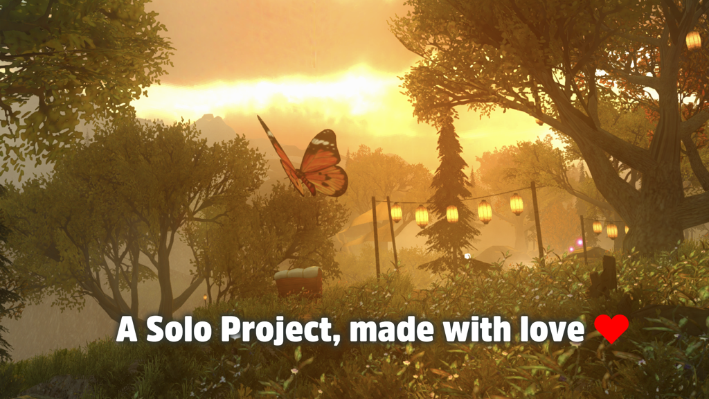 A monarch butterfly flies through a forest during a golden sunset in Nimian Legends BrightRidge HD.