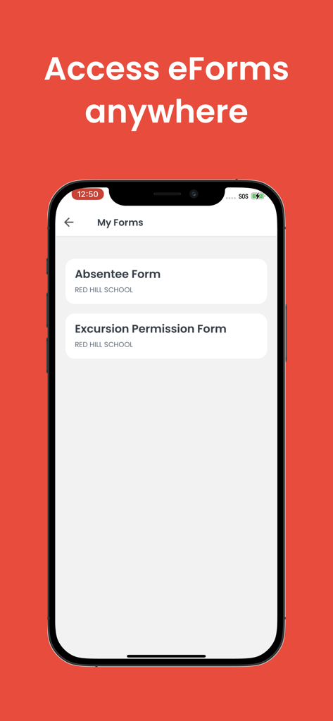 Audiri: School Communication - Mobile interface of the Audiri app showing digital absentee and excursion permission forms for school