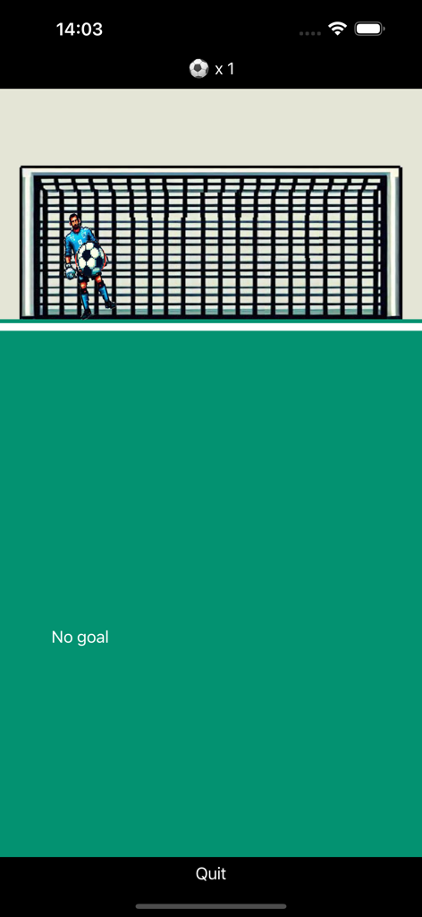 Football Goal Keeper Fantastic - Gameplay screen of a penalty shootout game showing a goalkeeper catching the ball and the text No Goal