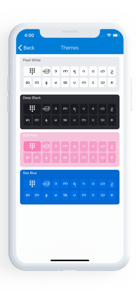 Bagan Keyboard - Bagan Keyboard app themes screen showing white black pink and blue color options