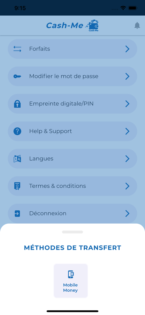 Interface do aplicativo Cash-Me mostrando opções de transferência de dinheiro móvel e configurações da conta