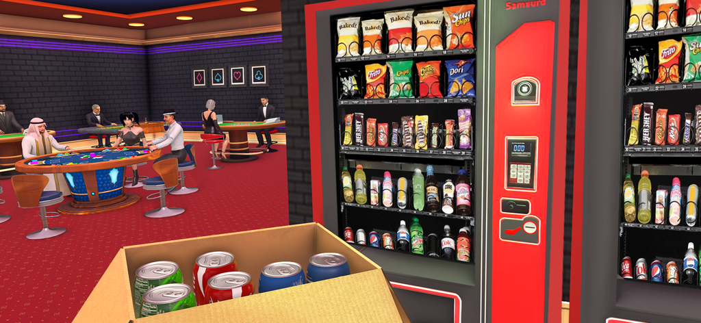 Casino Empire: Manager Games - Visão em primeira pessoa reabastecendo máquinas de venda automática com lanches e bebidas em um cassino