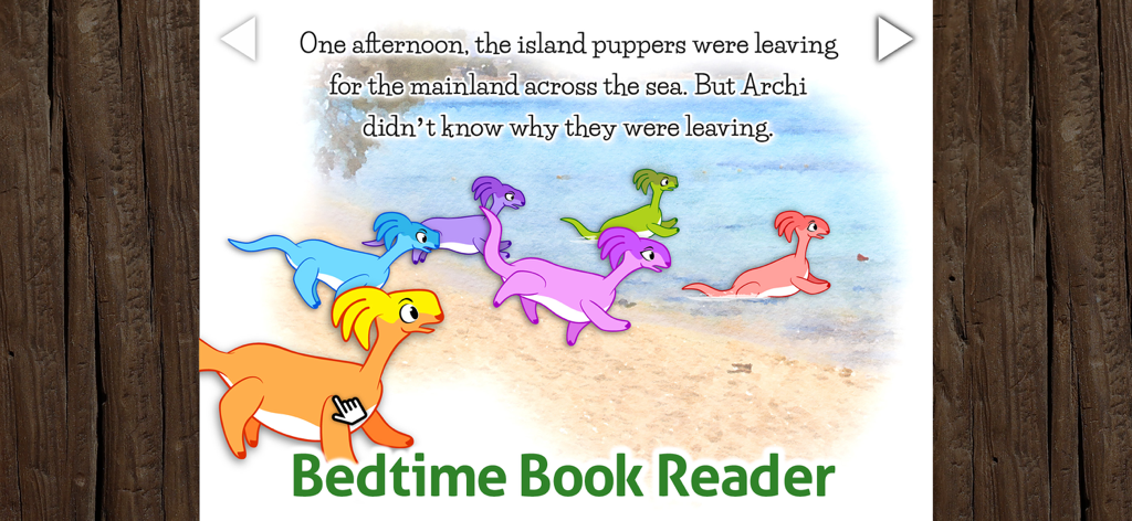 Read Along Book - Archi - Una página interactiva del libro de cuentos para dormir de Archi con coloridos personajes animales en una playa.