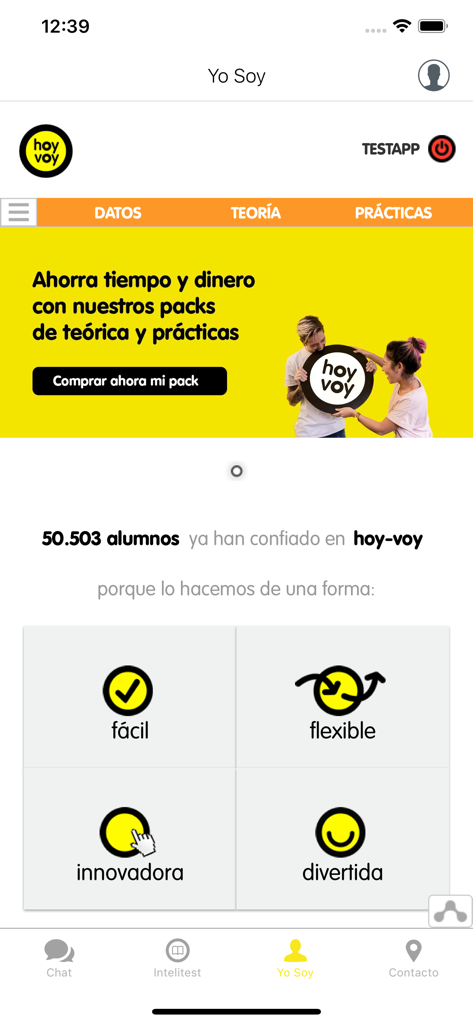 Tableau de bord de l'application mobile Hoy-voy montrant les packs théoriques et pratiques pour les étudiants en permis de conduire.
