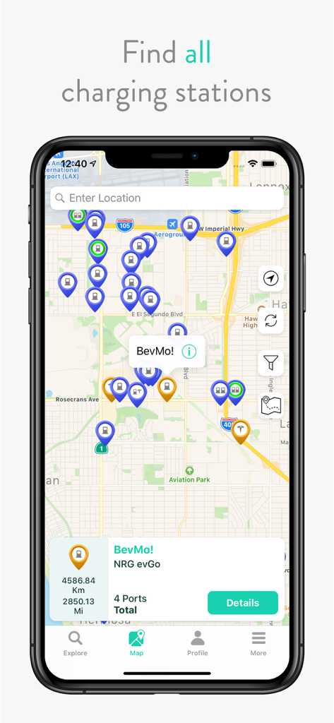Écran de smartphone affichant la carte de l'application ChargeHub avec les broches des différentes bornes de recharge pour véhicules électriques