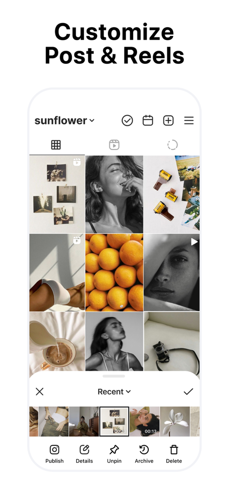 My Feed・Grid Preview & Planner - Interface showing an Instagram grid preview with options to customize posts and reels