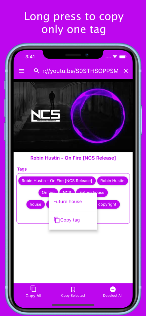 SEOのために単一の動画タグをコピーする方法を示すYT用タグアプリのインターフェースのスクリーンショット