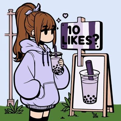 girl with oversized hoodie drinking boba and she has a high ponytail with a sign that says 10likes?