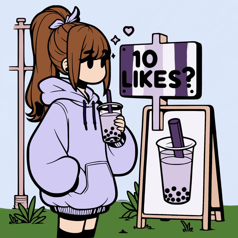 girl with oversized hoodie drinking boba and she has a high ponytail with a sign that says 10likes?