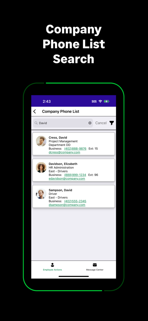 Sage HRMS - Sage HRMS mobile app displaying a searchable company phone list with employee profiles