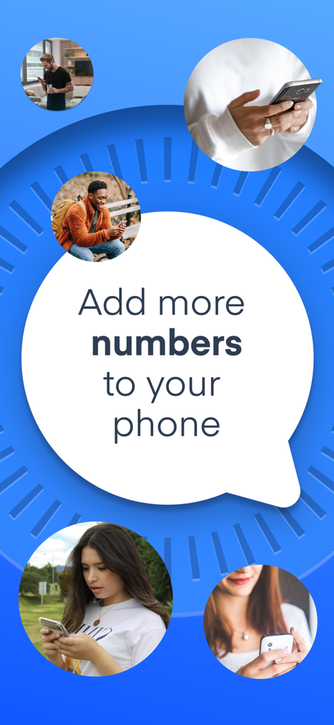 Text Vault - Texting App - Promotional graphic for the Text Vault app showing diverse people using their smartphones with the text Add more numbers to your phone