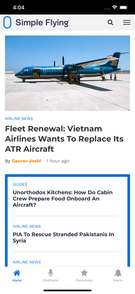 Schermata dell'app Simple Flying che mostra un articolo di notizie di aviazione sul rinnovo della flotta di Vietnam Airlines e altre storie di compagnie aeree.