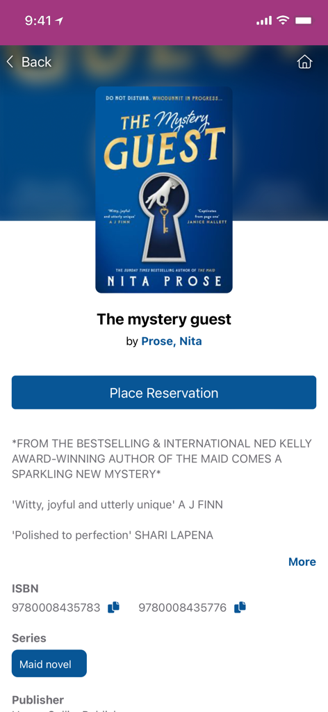 Screenshot of the Stonnington Libraries app displaying book details for The Mystery Guest with a Place Reservation button