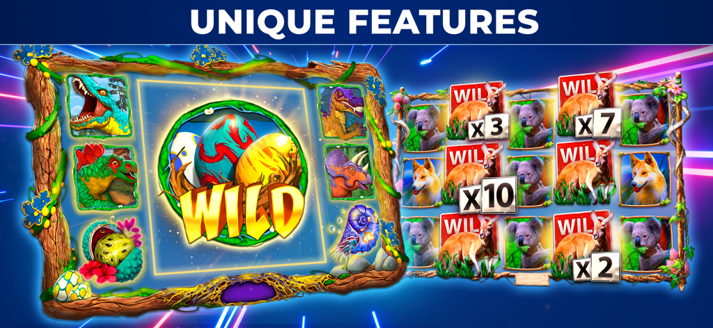 Jackpot Buffalo Slots - Características únicas de Jackpot Buffalo Slots mostrando máquinas temáticas de dinosaurios y canguros con multiplicadores salvajes