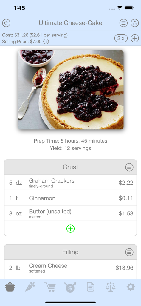 Salt & Pepper - Captura de tela do aplicativo Salt and Pepper mostrando o custo da receita por porção e a divisão de ingredientes para um cheesecake