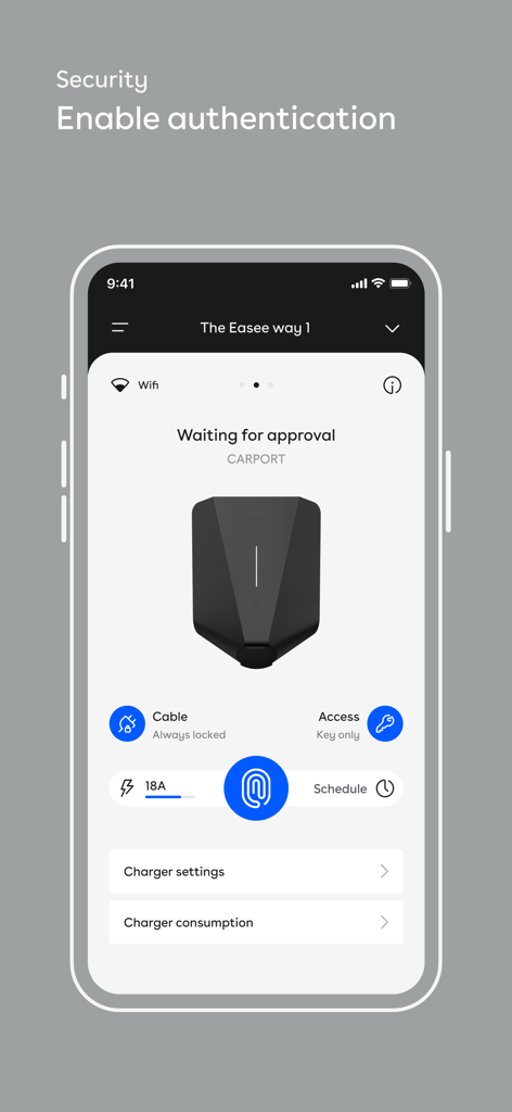 Easee-App-Oberfläche, die Sicherheitseinstellungen und Zugriffskontrollen für ein EV-Ladegerät zeigt