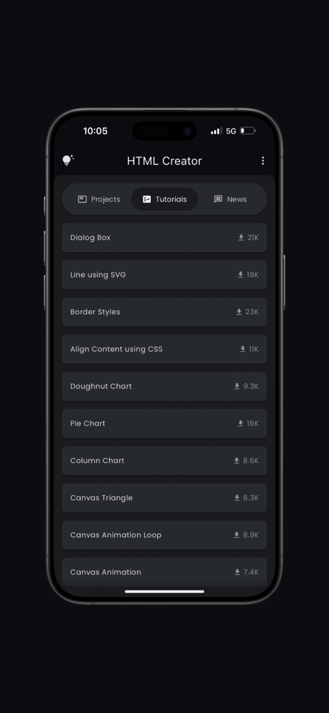Una lista de tutoriales de desarrollo web en la aplicación móvil HTML Creator con temas como SVG, estilos CSS y gráficos.