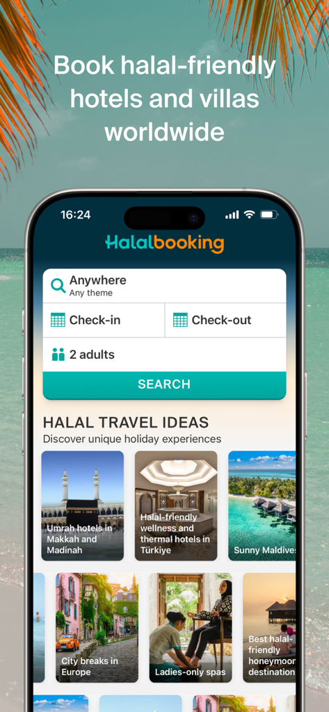 Halalbooking: Hotels worldwide - Halalbooking app homepage showing search filters for halal friendly hotels and villas