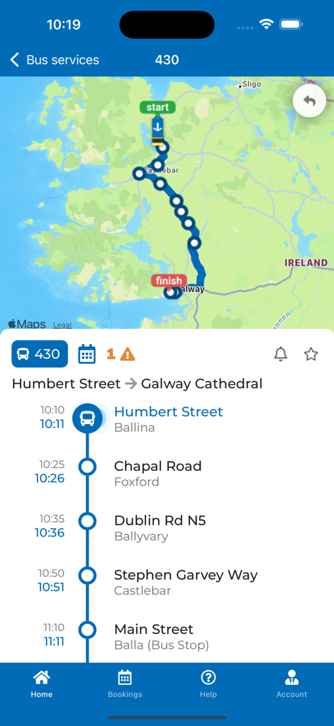 Irish Citylink - Interface de l'application Irish Citylink montrant une carte d'itinéraire de bus et un horaire d'arrivée en temps réel pour l'itinéraire 430.