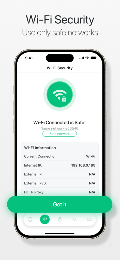 AdBlock for Private Browsing - Mobile interface showing a safe Wi-Fi connection status and network details