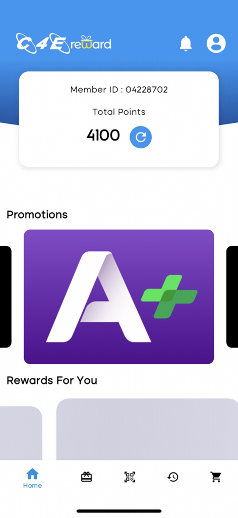 Startbildschirm der C4E Rewards App mit Mitglieder-ID, Gesamtpunktzahl und Angebotsbereich