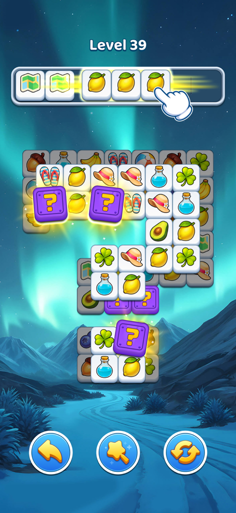Tile Journey - Matching Puzzle - Tile Journey game screen showing a match 3 puzzle level with colorful icons and a scenic mountain background