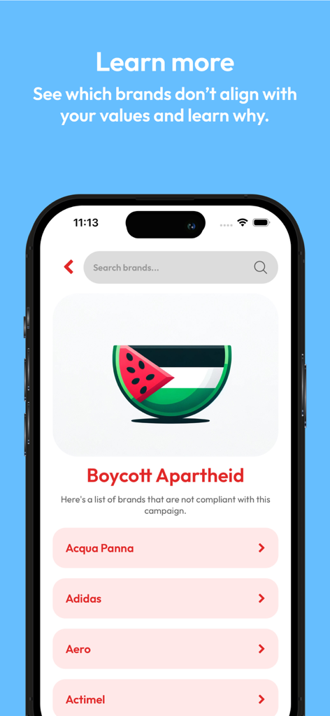 Boycat: Ethical Shopping - Uma tela de aplicativo móvel do Boycat mostrando uma campanha de boicote com uma lista de marcas não conformes.