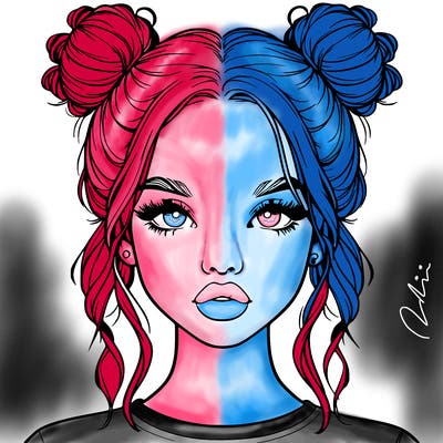 realistic girl with two buns in hair and lips