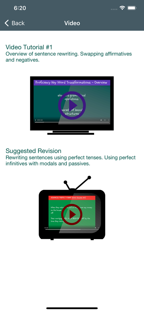 Cambridge Proficiency C2 Prep - Screenshot of the Cambridge Proficiency C2 Prep app showing video tutorials for sentence rewriting and grammar revision.
