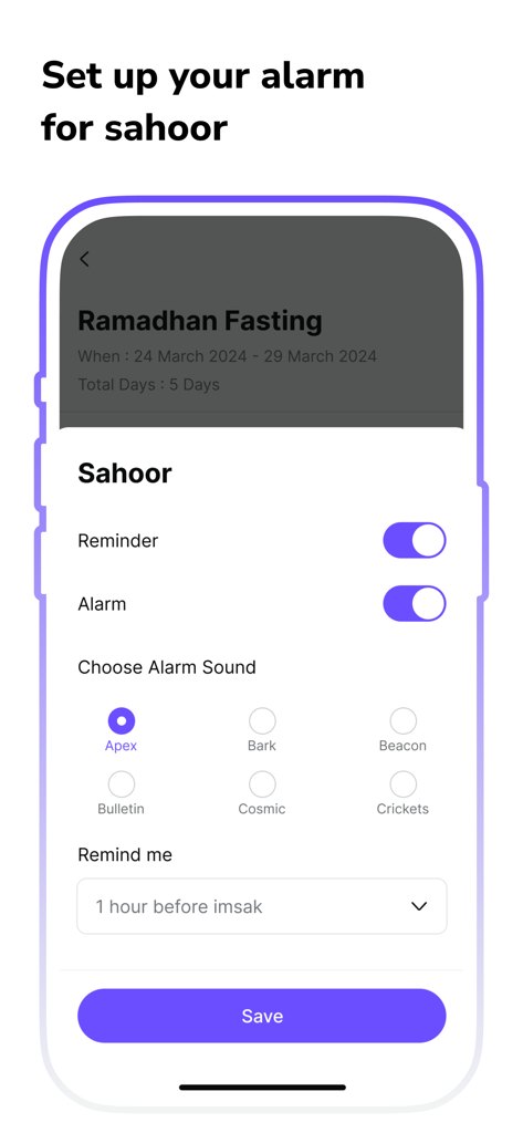 Muslim Fasting Calendar Alarm - Interface for setting up a Sahoor alarm for Ramadan fasting with sound and reminder options