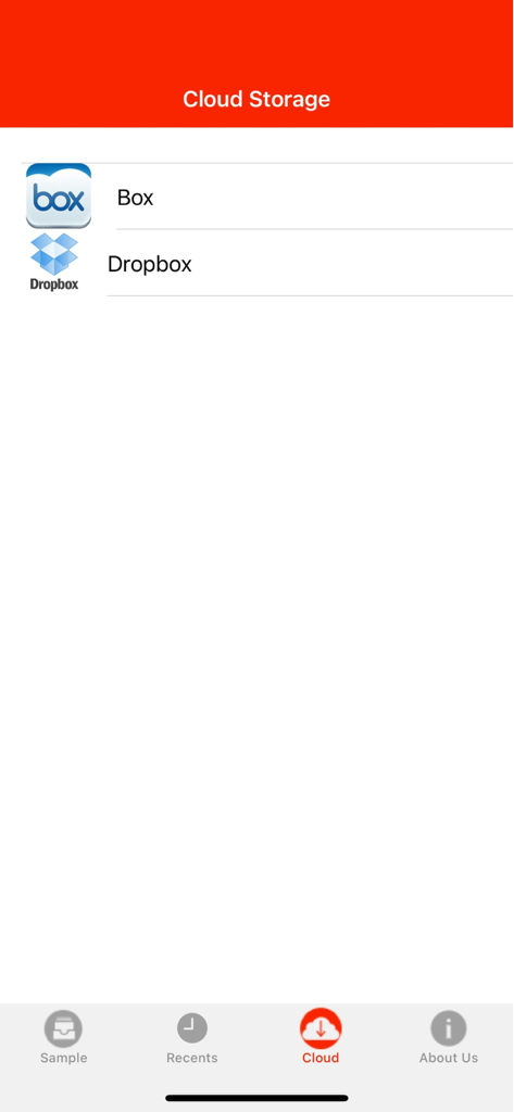 3D-Viewer - Pantalla de selección de almacenamiento en la nube en la aplicación 3D-Viewer que muestra la integración con Box y Dropbox