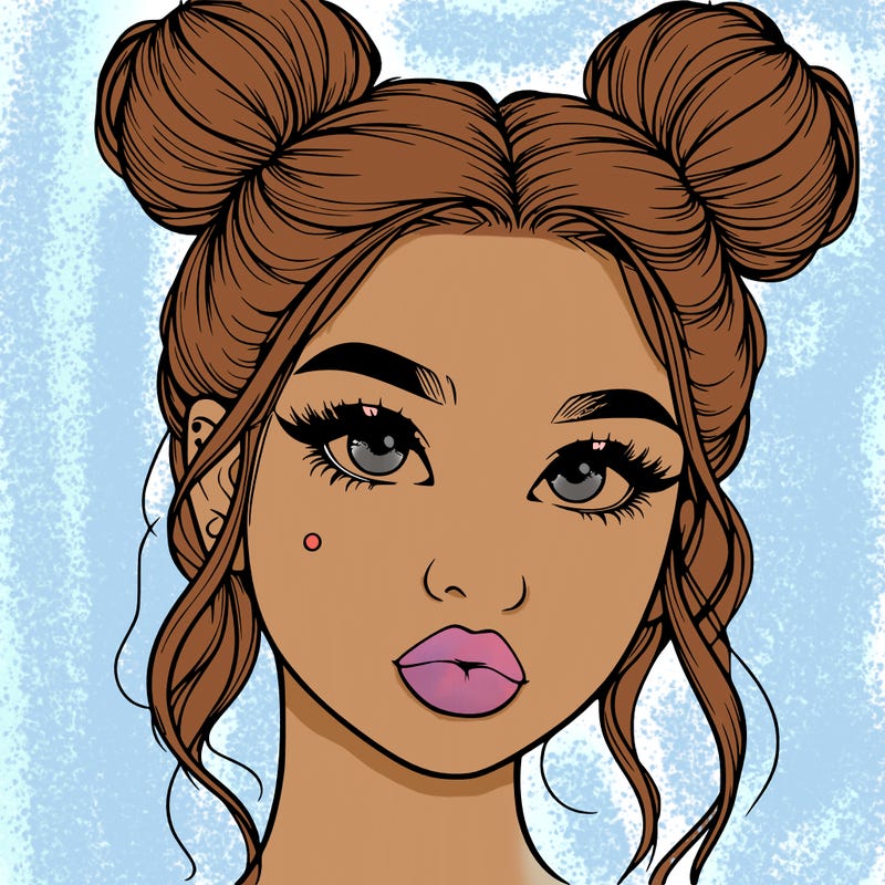 realistic girl with two buns on her hair and lips
