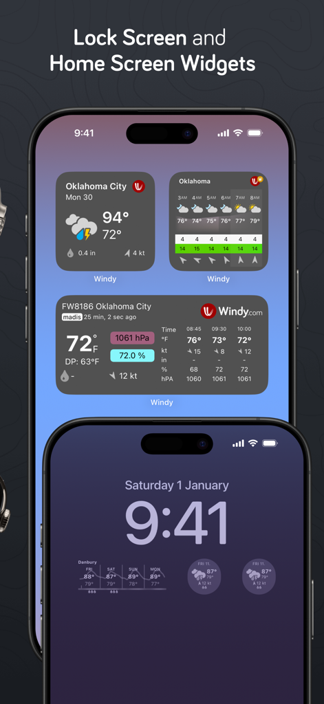 Windy.com weather widgets on iPhone home and lock screens showing detailed forecast data