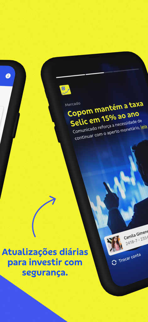 Investimentos BB Taxa Zero - Interface de l'application mobile Investimentos BB affichant les mises à jour quotidiennes du marché et les nouvelles du taux d'intérêt Selic sur un fond jaune vif.