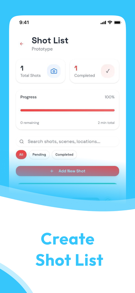 Interfaccia dell'app OnTs Shotlist Organizer che mostra una shot list completata con progresso al cento percento