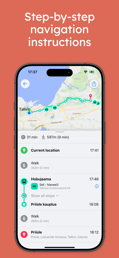 Vedu - Tallinn Transport - Captura de tela do iPhone do aplicativo Vedu mostrando instruções de navegação de transporte público passo a passo e mapa para Tallinn, Estônia