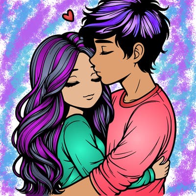 a realistic couple boy and girl hugging and kissing