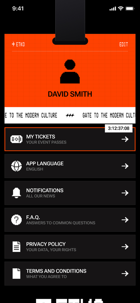 ETKO — Events & Tickets - User profile menu in the ETKO app featuring My Tickets and account settings.