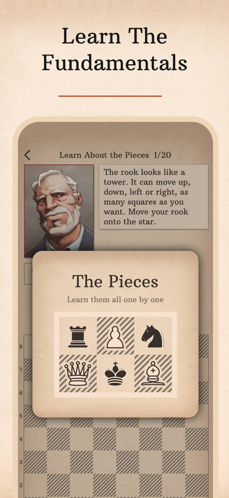 Educational screen from the Dr. Wolf app teaching the fundamentals and movements of chess pieces.
