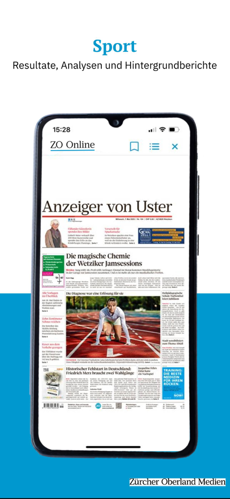 ZO E-Paper - Seção de esportes do aplicativo ZO E-Paper mostrando o layout do jornal digital Anzeiger von Uster em um celular