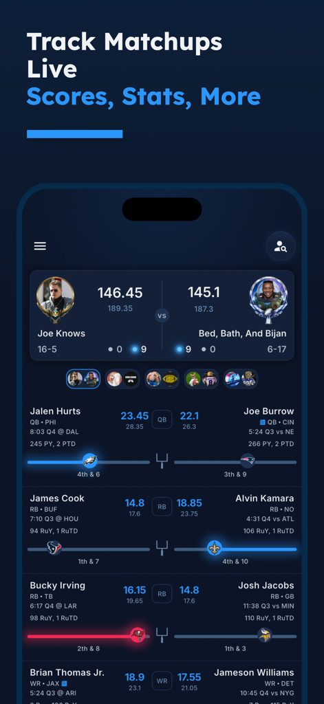 League Tycoon live matchup screen showing fantasy football scores and player stats