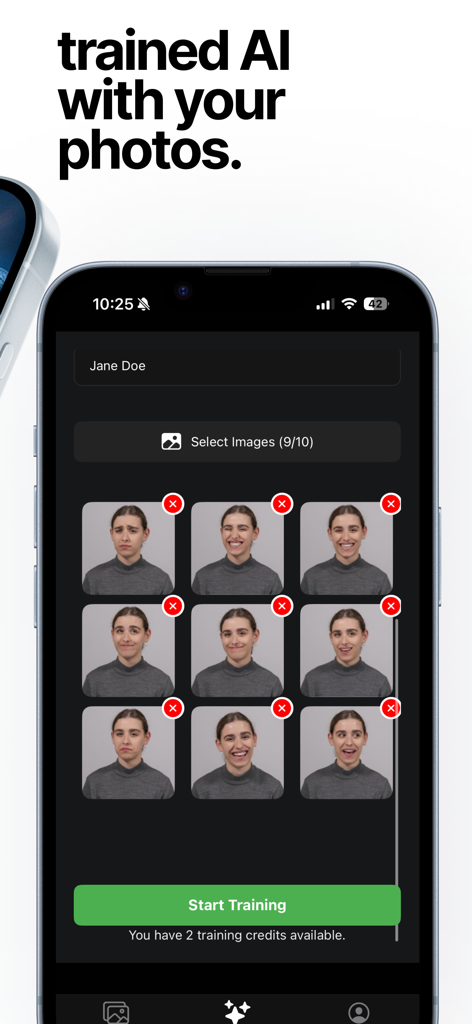 Posterize AI Movie Posters - Oberfläche der Posterize KI-App, die zeigt, wie ein Benutzer Porträtaufnahmen hochlädt, um ein personalisiertes KI-Modell zu trainieren